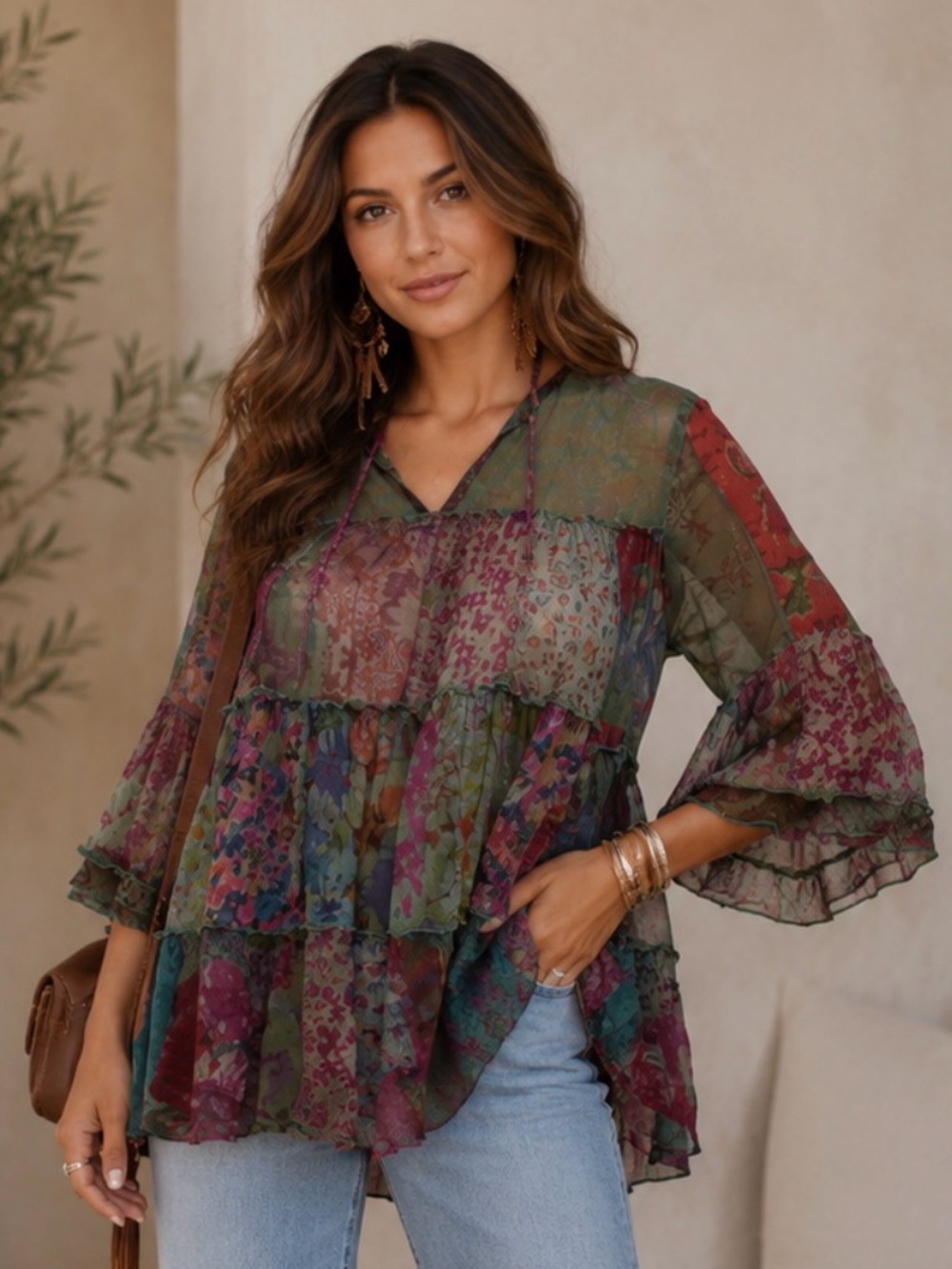 321. Women's Boho Tiered Patchwork Tunic Green Multi Bell Sleeves